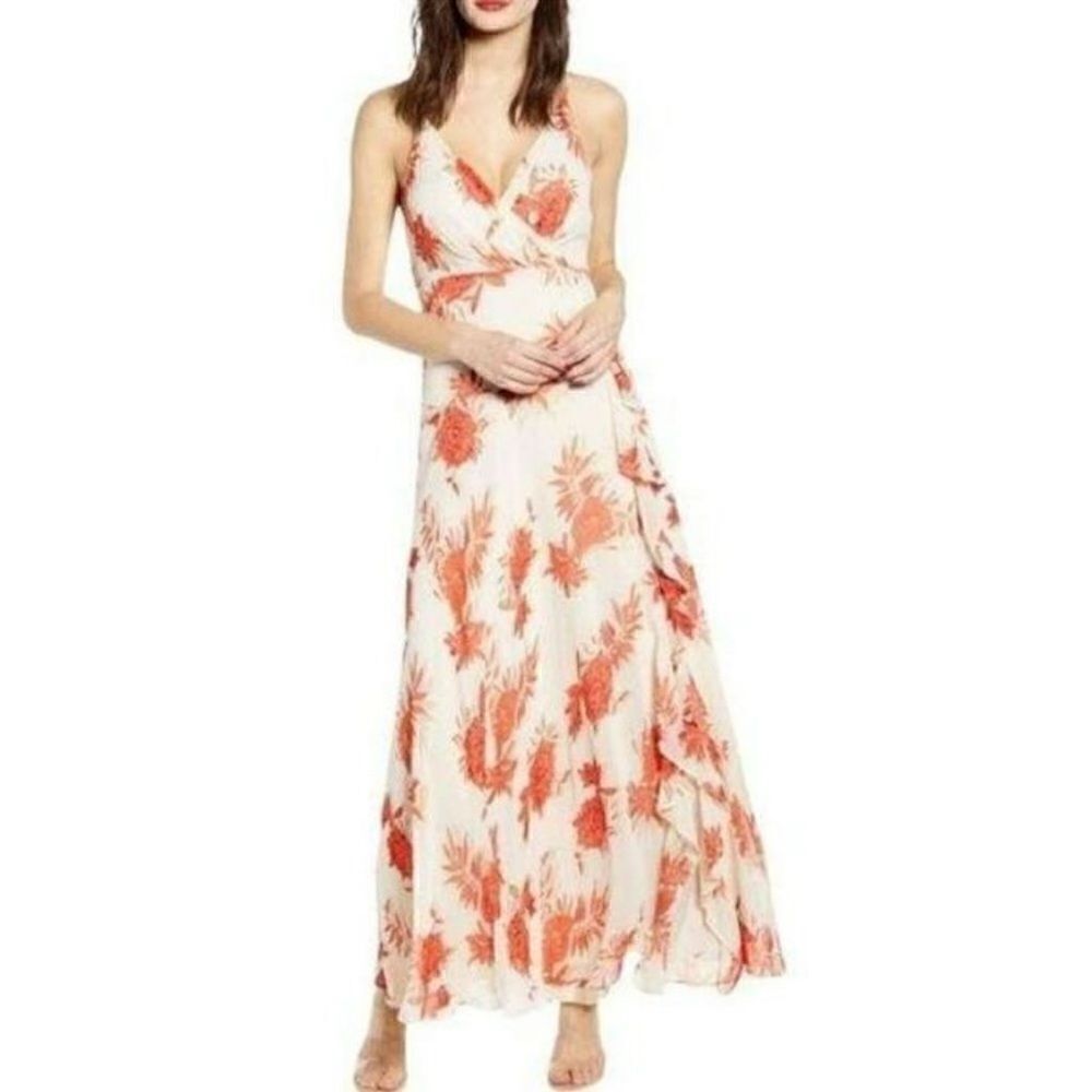 Astr The Label Peach And Cream Strappy Floral Ruffle Wrap Maxi Dress Women